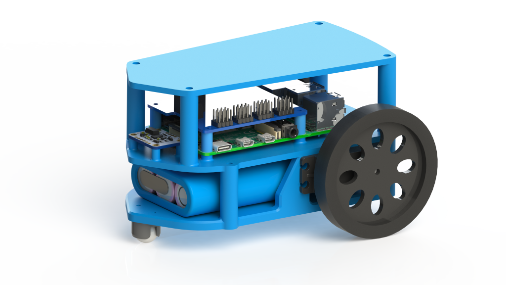 Here is a full render of Frank. The bottom layer houses the battery, motors, and some voltage regulators. The second layer holds the Raspberry Pi, BNO055 IMU and gyro, and a servo hat for the Pi. The top layer is to attach the camera to.