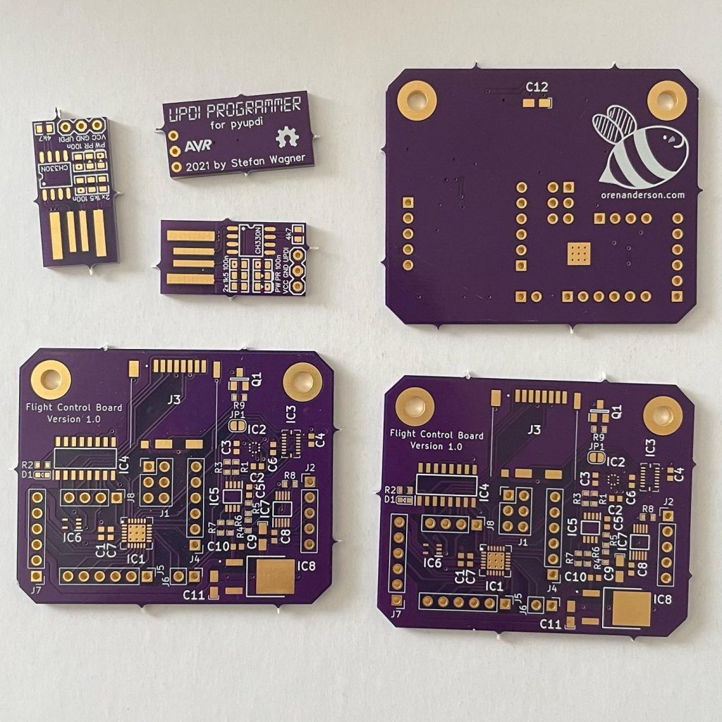 My custom purple circuit boards, the large one is my design and the small one is an open source design.