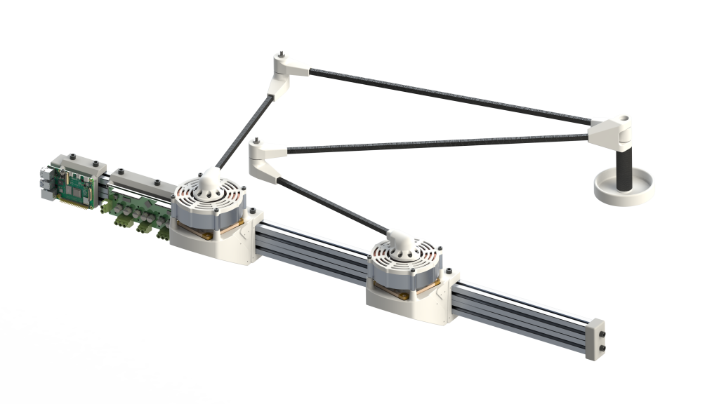 Five bar robot with the electronics on the left and the motors and motor mounts on the right.