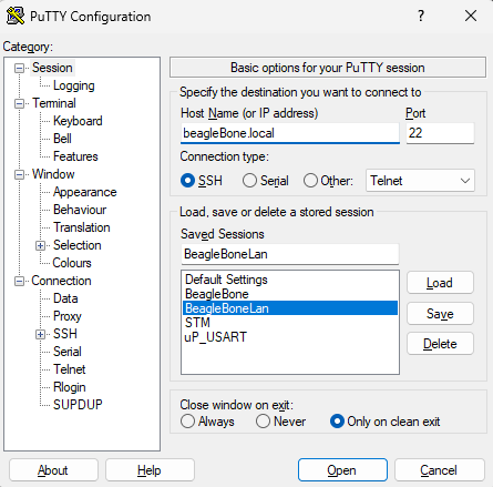 Putty Configuration Screen.
